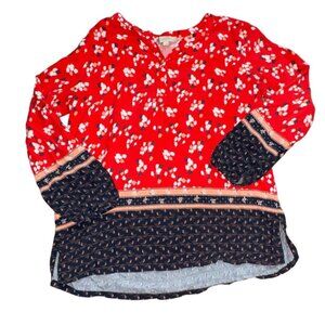 Ann Taylor LOFT Floral Print Henley Blouse-Red/Blue-Size L-GUC